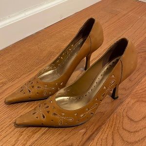 Tan leather BCBG heels with cutout detailing